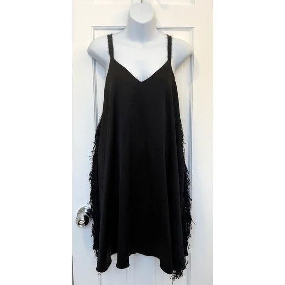 NWT Derek Lam 10 Crosby Downtown Crepe Mini Dress Size 4 Black Satin Fringe $595 - Picture 5 of 9